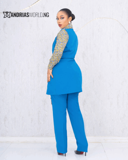BLUE THREE PIECE TROUSER SET WITH FLORAL SHIRT